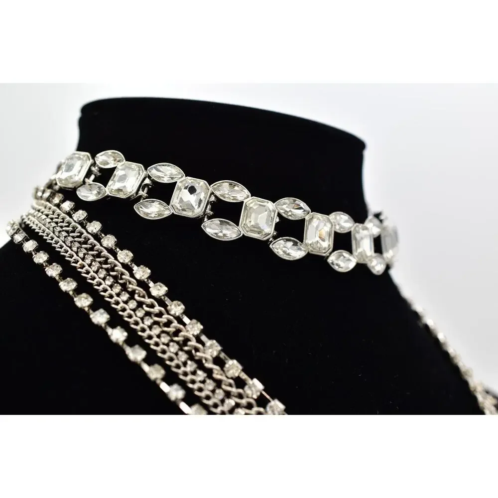 Vintage Choker Layered Necklace Rhinestone Crystal Silver Multi-Chain Y2K BinBJ